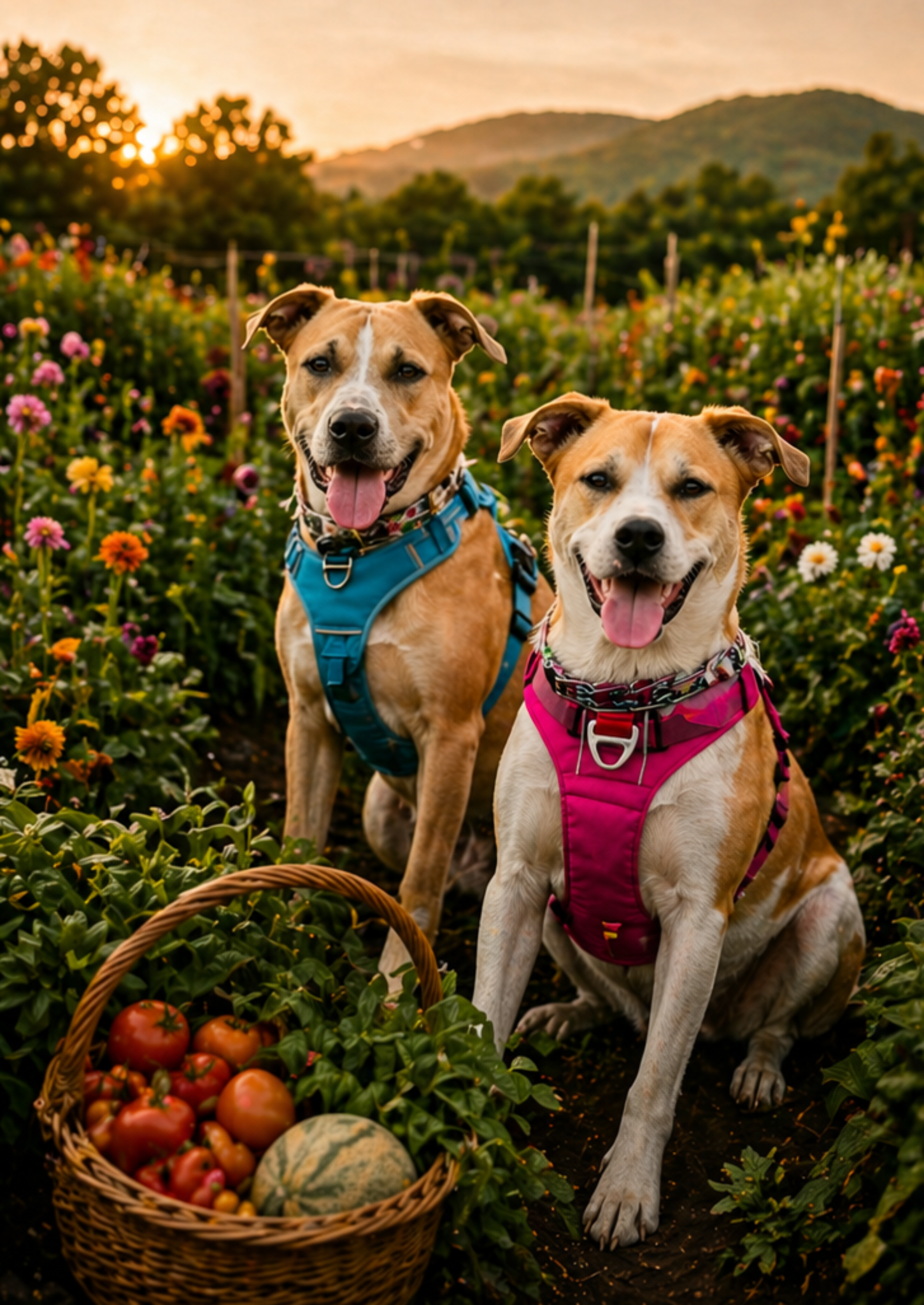 Farm dogs sitting in the flower rows at golden hour